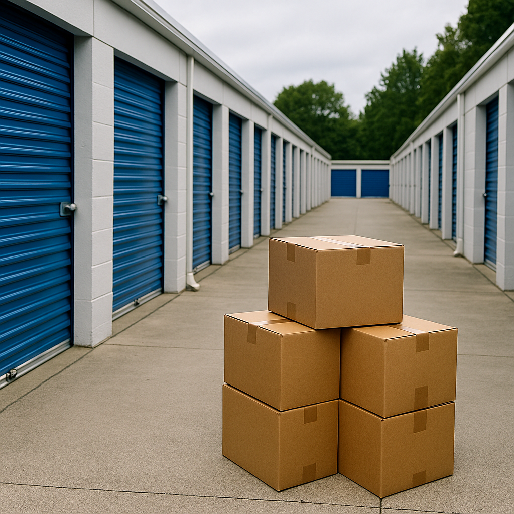 A paved aisle of storage units with blue roll-up doors and a group of cardboard moving boxes placed on the ground.