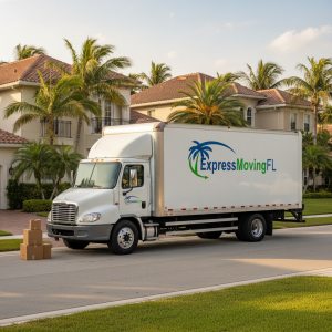 A white ExpressMovingFL box truck is parked on a residential street in front of palm-lined houses with a small stack of moving boxes on the curb.